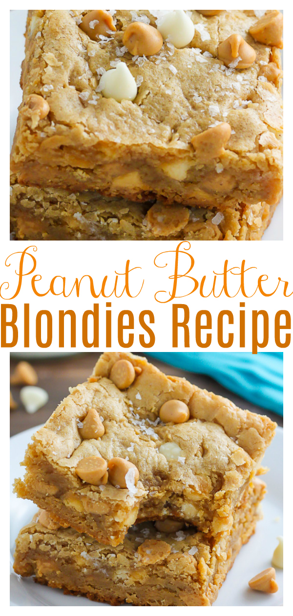 My favorite thick and chewy peanut butter blondie recipe loaded with creamy white chocolate and plenty of peanut butter chips! So good with a cup of coffee.