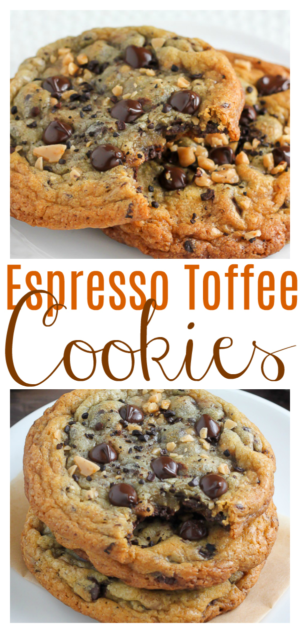 Thick and Chewy Espresso Toffee Chocolate Chip Cookies!!! Loaded with gooey chocolate chips, toffee bits, and chocolate covered espresso beans, these cookies are so flavorful! Who needs a cup of coffee in the morning when you can have one of these cookies instead?