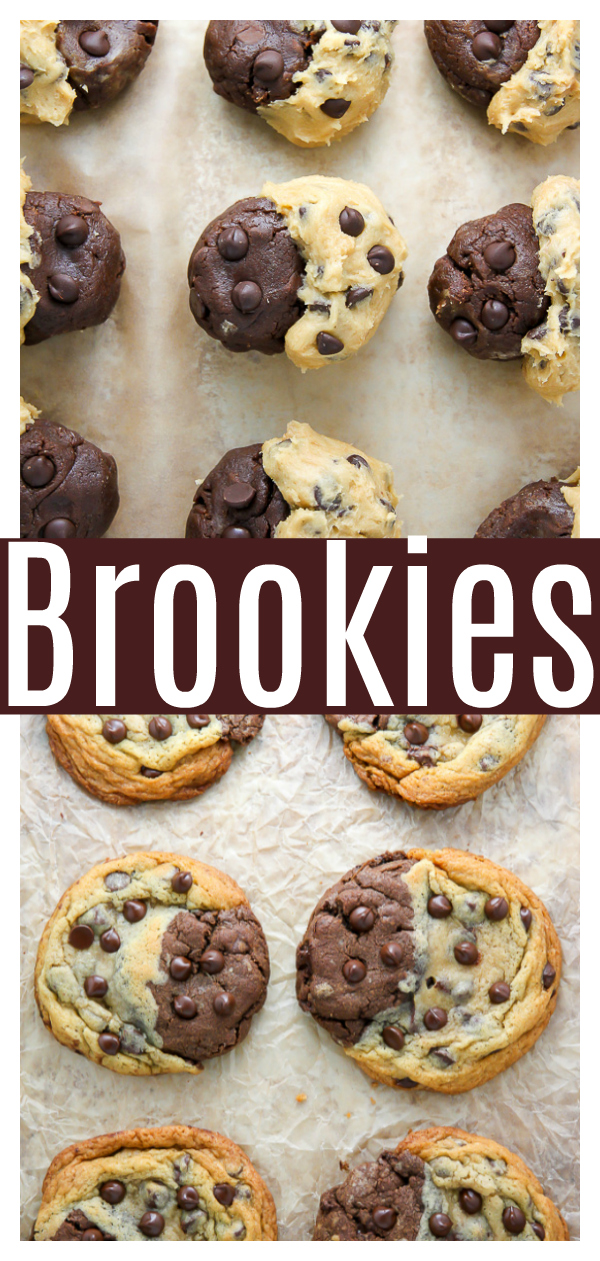 Chocolate Chip Brownie Swirl Cookies (aka Brookies) are half chocolate chip cookie and half brownie cookie! These Brookies are truly the best of both worlds!