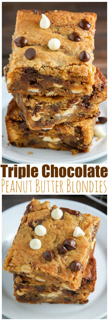 Holy YUM! Triple Chocolate PEANUT BUTTER Blondies are ready in 30 minutes!