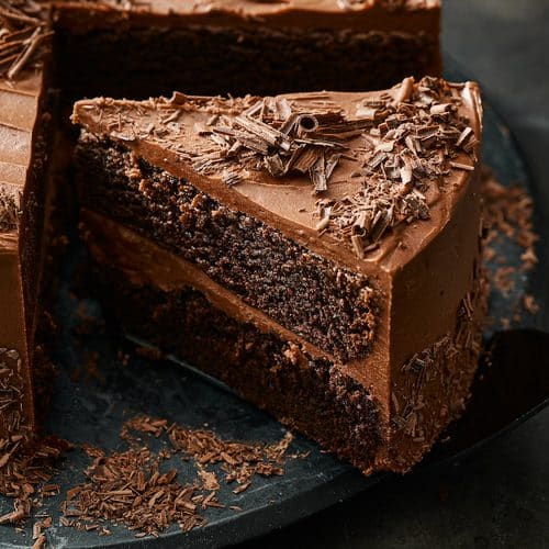 Black dessert plate with a sliced up chocolate cake on top and chocolate frosting.