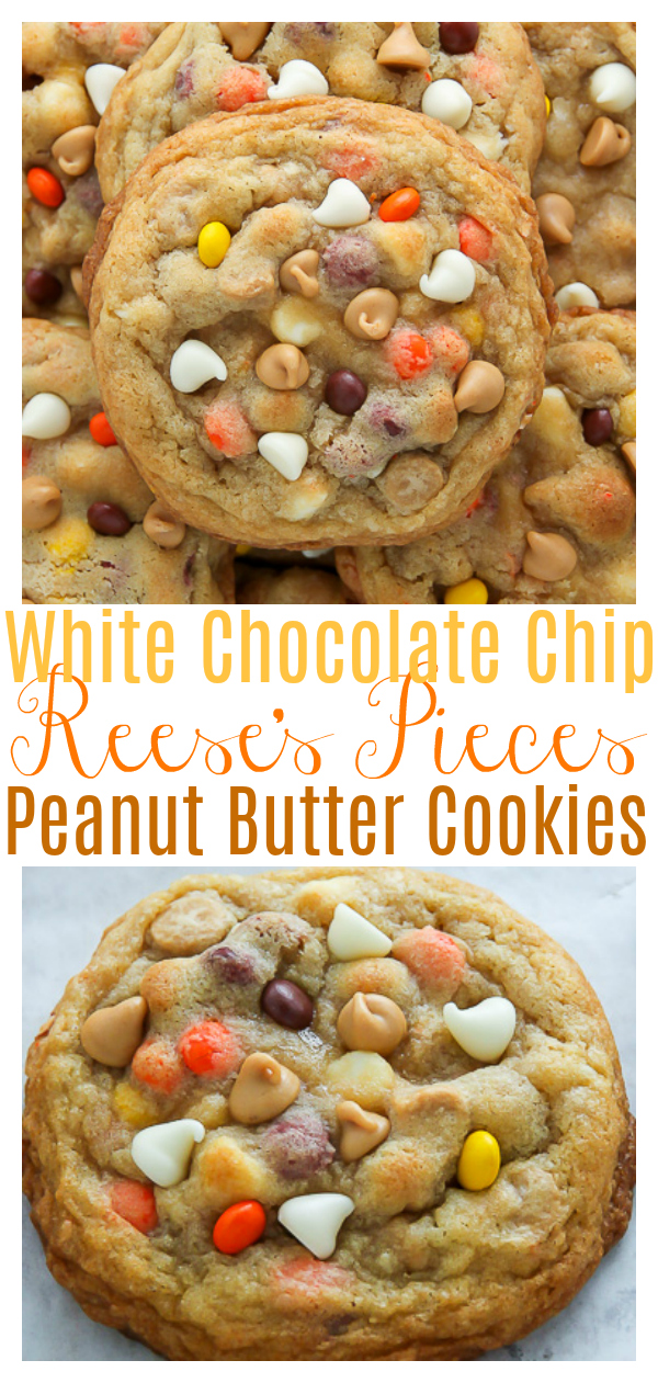 Soft and chewy cookies loaded with white chocolate, Reese's pieces, and peanut butter chips! If you love peanut butter, but don't want them to overwhelm, these cookies are for you! 