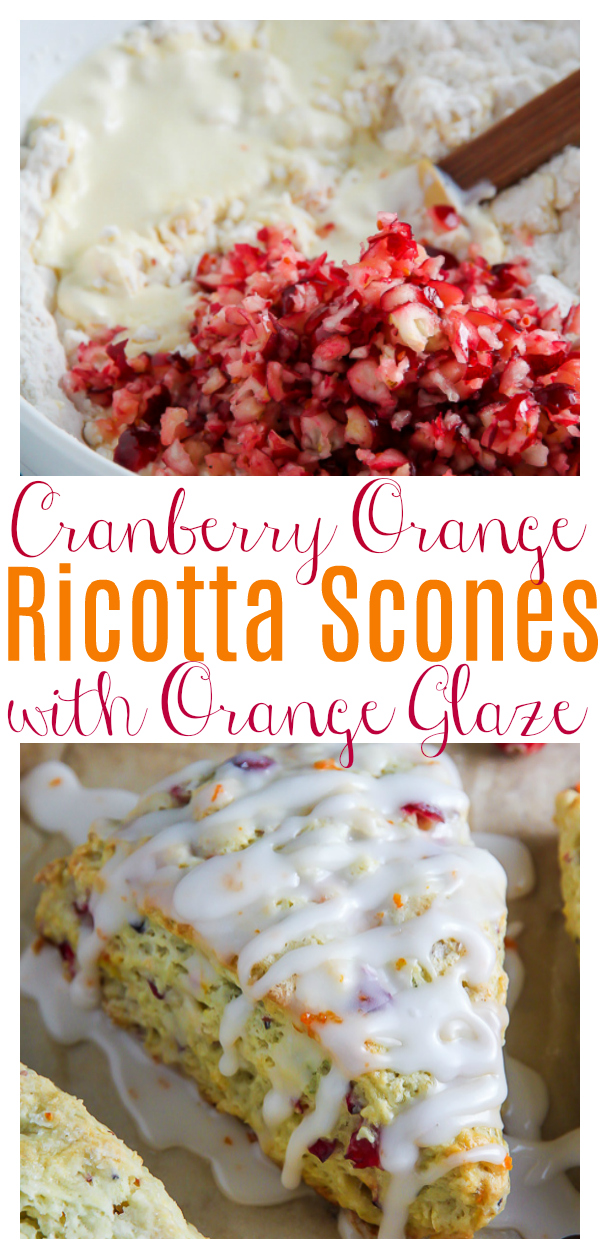 Homemade Cranberry Ricotta Scones feature supremely soft centers, crunchy tops, and a sweet orange glaze. These scones are flaky, buttery, and loaded with fresh cranberries! A pop of orange zest and a sweet glaze make them the ultimate holiday treat!