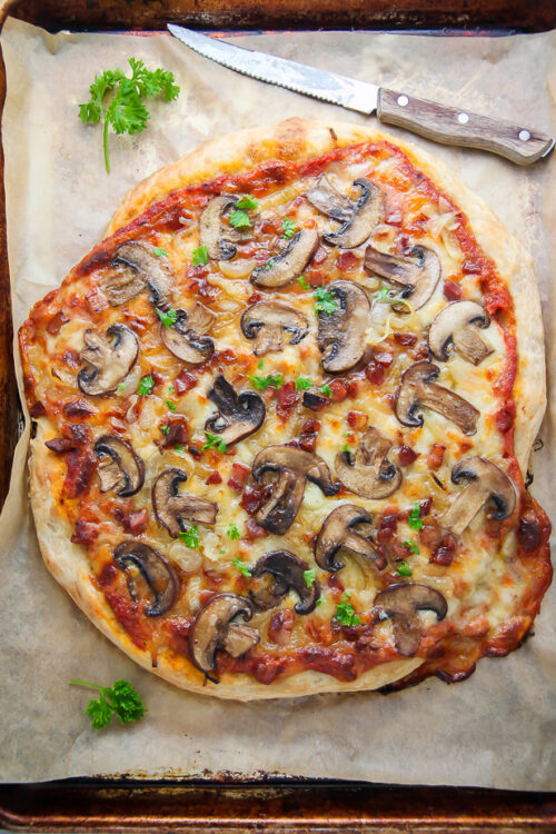 Mushroom Pizza with Pancetta and Caramelized Onions... the perfect pizza night indulgence!