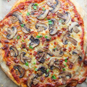 Mushroom Pizza with Pancetta and Caramelized Onions... the perfect pizza night indulgence!