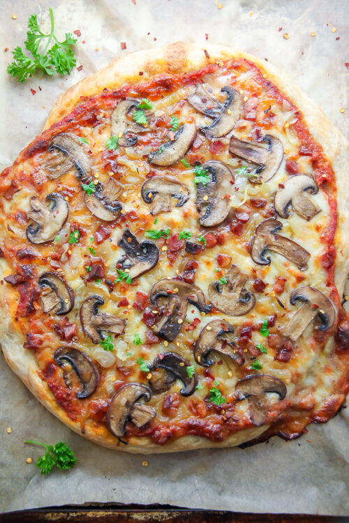 Mushroom Pizza with Pancetta and Caramelized Onions Baker by Nature