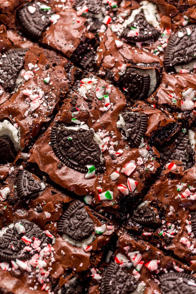 Oreo Peppermint Mocha Brownies are thick, fudgy, and a must bake this holiday season! Loaded with chocolate and peppermint flavor, these Oreo Brownies are sure to elevate any cookie platter or dessert tray! Top with chopped candy canes and Oreo pieces for any extra pretty presentation!