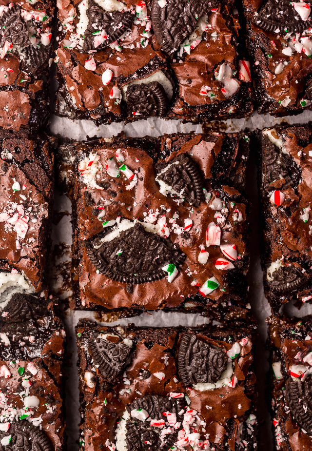 Oreo Peppermint Mocha Brownies are thick, fudgy, and a must bake this holiday season! Loaded with chocolate and peppermint flavor, these Oreo Brownies are sure to elevate any cookie platter or dessert tray! Top with chopped candy canes and Oreo pieces for any extra pretty presentation!