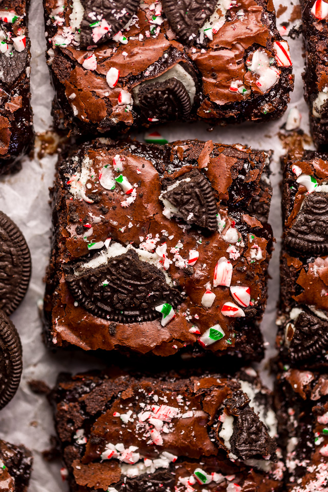 Oreo Peppermint Mocha Brownies are thick, fudgy, and a must bake this holiday season! Loaded with chocolate and peppermint flavor, these Oreo Brownies are sure to elevate any cookie platter or dessert tray! Top with chopped candy canes and Oreo pieces for any extra pretty presentation!