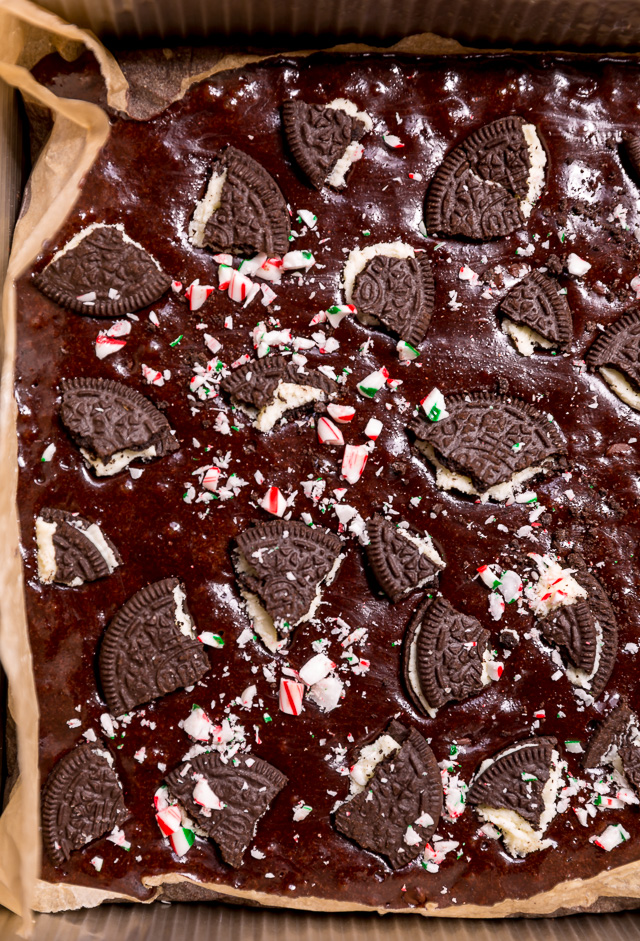 Oreo Peppermint Mocha Brownies are thick, fudgy, and a must bake this holiday season! Loaded with chocolate and peppermint flavor, these Oreo Brownies are sure to elevate any cookie platter or dessert tray! Top with chopped candy canes and Oreo pieces for any extra pretty presentation!