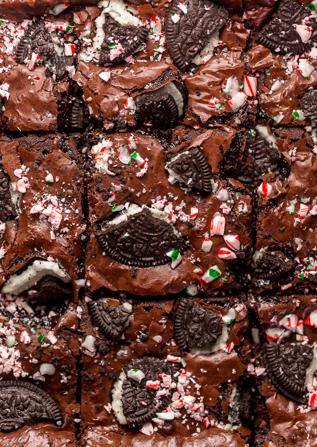 Oreo Peppermint Mocha Brownies are thick, fudgy, and a must bake this holiday season! Loaded with chocolate and peppermint flavor, these Oreo Brownies are sure to elevate any cookie platter or dessert tray! Top with chopped candy canes and Oreo pieces for any extra pretty presentation!