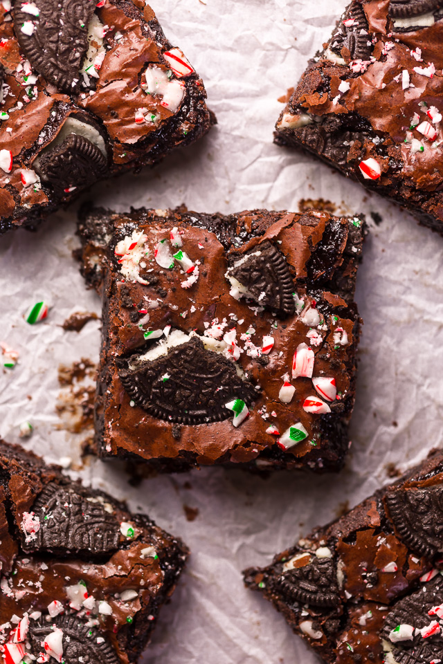 Oreo Peppermint Mocha Brownies are thick, fudgy, and a must bake this holiday season! Loaded with chocolate and peppermint flavor, these Oreo Brownies are sure to elevate any cookie platter or dessert tray! Top with chopped candy canes and Oreo pieces for any extra pretty presentation!