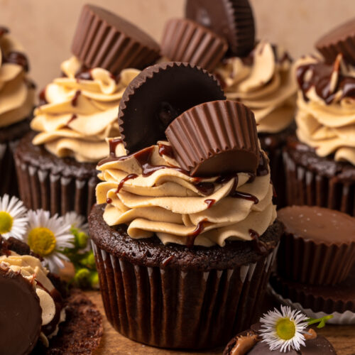 Have a peanut butter lover in your life? You have to bake them these Ultimate Chocolate Peanut Butter Cupcakes!  Featuring moist chocolate cupcakes that are stuffed with a peanut butter cup, topped with peanut butter frosting, milk chocolate peanut butter ganache, and chopped peanuts, these are always a crowd-pleaser!