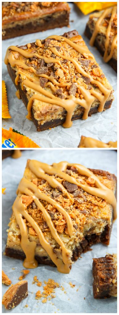 If the thought of Creamy Butterfinger Finger Cheesecake Brownies drizzled with peanut butter glaze makes you weak at the knees, this post is going to rock your life.