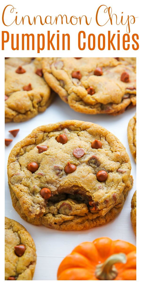 Tired of cakey pumpkin cookies? Try these Chewy Cinnamon Chip Pumpkin Cookies!!! Made with a 1/2 cup of real pumpkin puree plus pumpkin spices, they're soft and chewy and loaded with flavor!