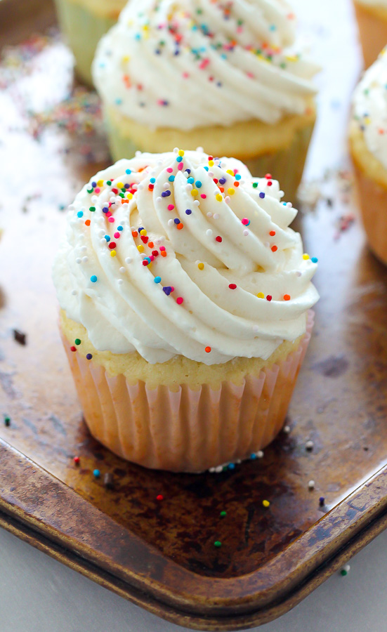 One-Bowl Vanilla Cupcakes with Sprinkles are a classic!