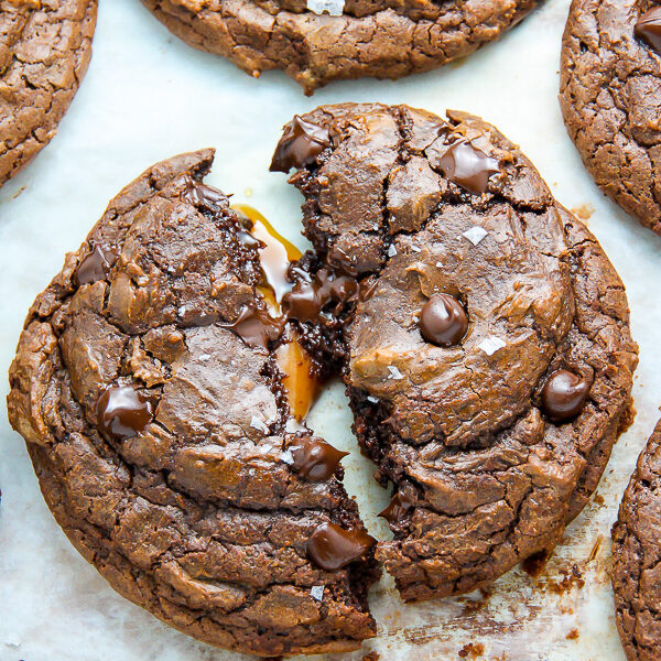 Soft Batch Salted Caramel Chocolate Fudge Cookies - Baker by Nature