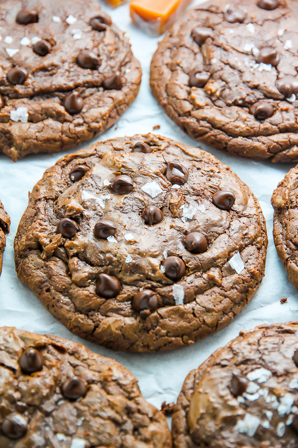 Soft Batch Salted Caramel Chocolate Fudge Cookies - Baker by Nature