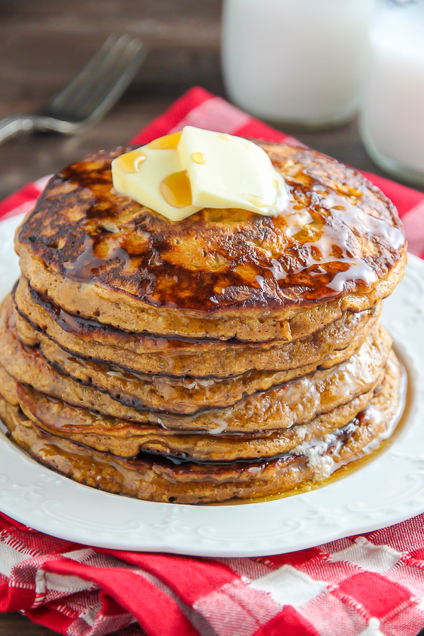 Moist and fluffy Gingerbread Pancakes made with whole wheat flour and a subtle amount of sugar! We love these.