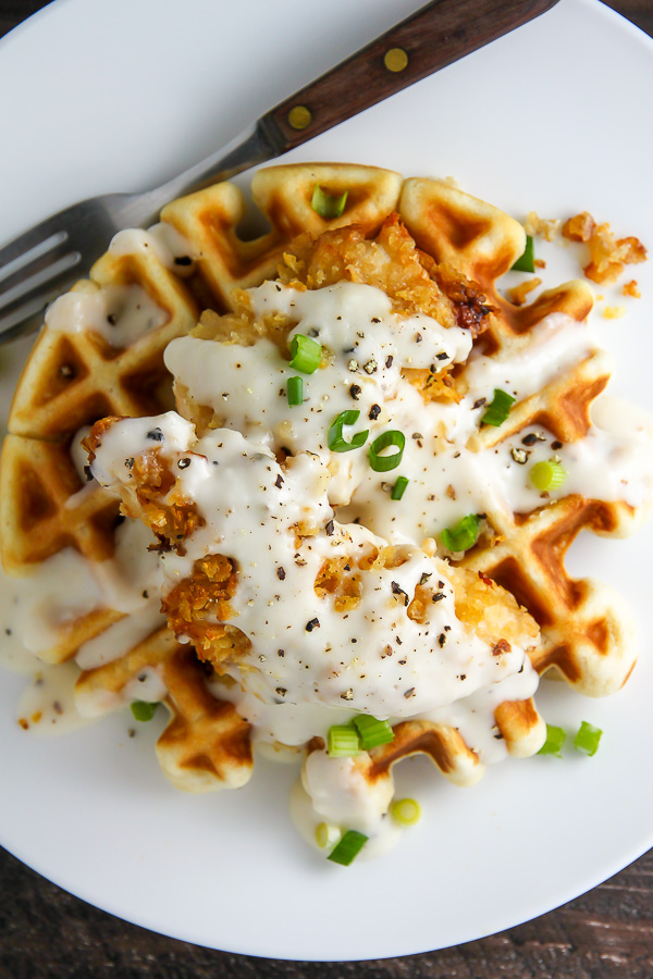 Oven-Fried Chicken with Waffles and White Gravy - Baker by Nature