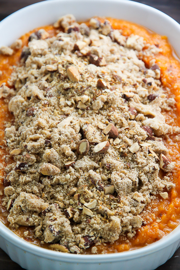 Creamy sweet potato casserole topped with crunchy brown sugar and almond streusel.