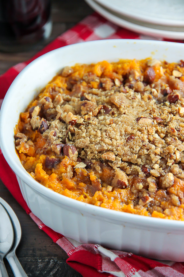 Creamy sweet potato casserole topped with crunchy brown sugar and almond streusel.