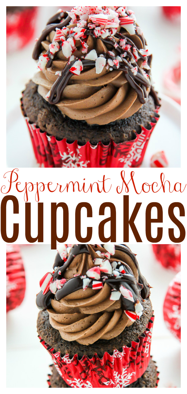 Supremely moist and decadent chocolate cupcakes topped with peppermint mocha frosting, a drizzle of chocolate ganache, and crushed candy canes. ← Can you think of a sweeter way to kick off the holiday season?