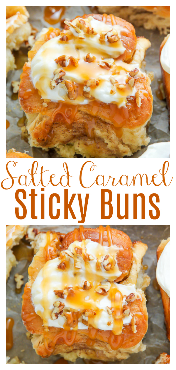 The only thing better than classic sticky buns are SALTED CARAMEL STICKY BUNS! So fluffy, so gooey, and so decadent! The perfect sticky bun recipe for special occasions like Thanksgiving or Christmas!
