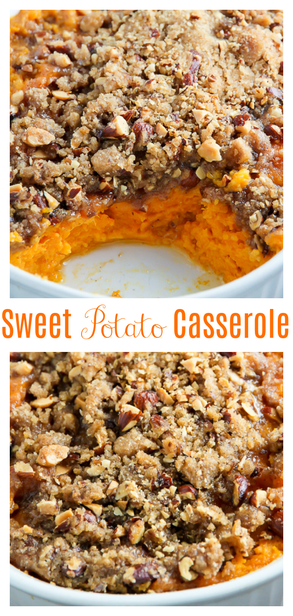 Creamy sweet potato casserole topped with crunchy brown sugar and almond streusel. The perfect sweet potato side-dish for Thanksgiving! This is truly the best sweet potato casserole ever!