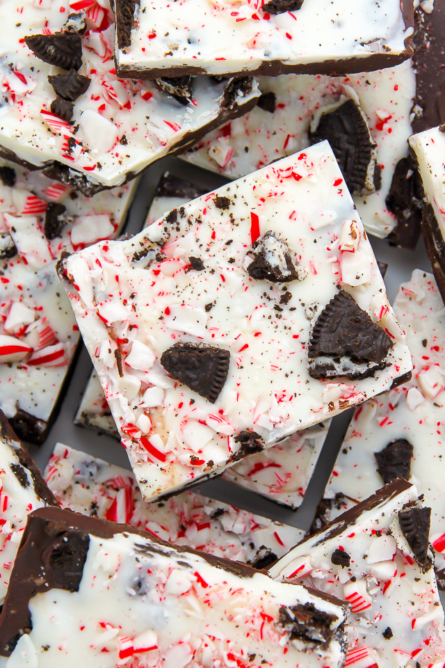 Layered peppermint chocolate bark topped with crushed candy canes and Oreo cookies!