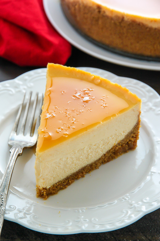 Creamy eggnog cheesecake topped with homemade salted caramel sauce! This holiday dessert is irresistible.