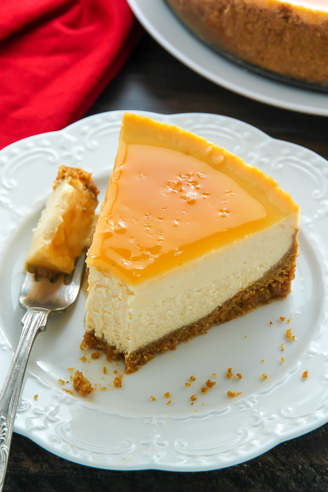 Creamy eggnog cheesecake topped with homemade salted caramel sauce! This holiday dessert is irresistible.