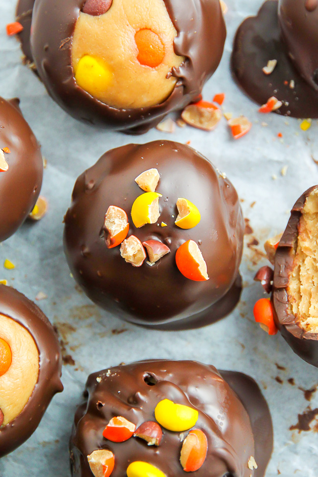 Creamy and crunchy chocolate peanut butter truffles loaded with mini Reese's pieces.