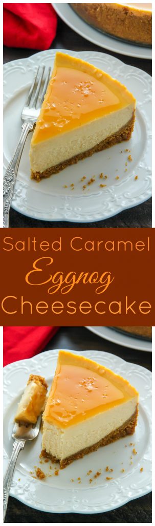 Creamy eggnog cheesecake topped with homemade salted caramel sauce! This holiday dessert is irresistible.