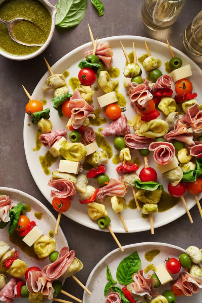 Antipasto skewers on a large platter.