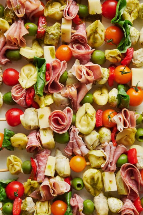 Antipasto skewers on a large serving platter.