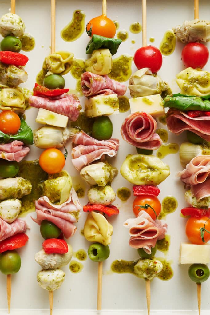 Antipasto skewers on a serving platter.