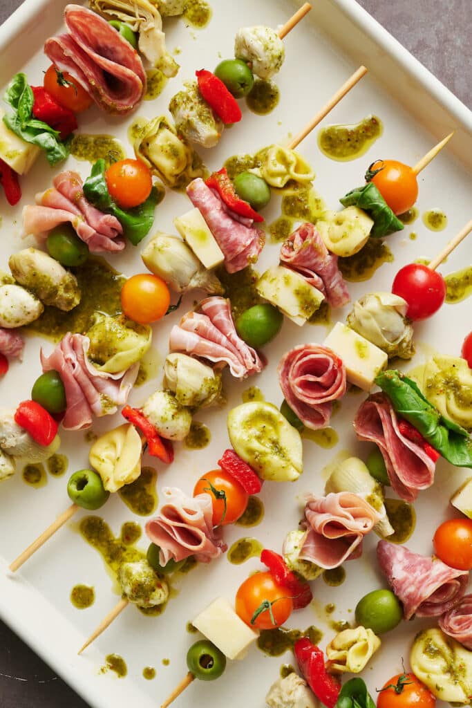 Antipasto skewers on a serving platter.