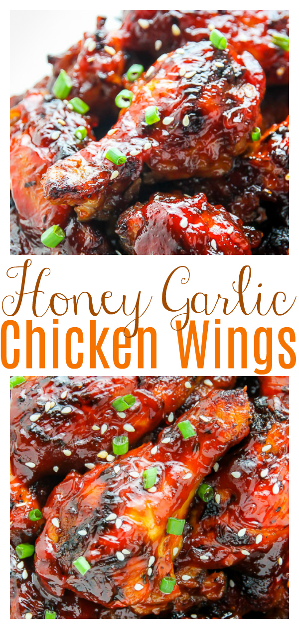 These Honey Garlic Chicken Wings are dangerously easy to make and eat! Baked, not fried, these wings are loaded with flavor and totally addictive! Top with scallions and sesame seeds and serve hot!