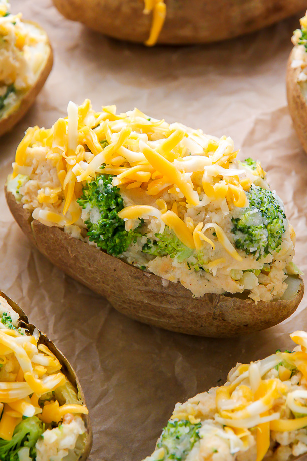 AMAZING FLAVOR! Crispy broccoli and cheddar twice-baked potatoes are comfort food at its best. Click through for the recipe and step-by-step photos.