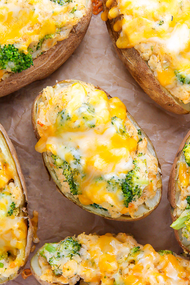 AMAZING FLAVOR! Crispy broccoli and cheddar twice-baked potatoes are comfort food at its best. Click through for the recipe and step-by-step photos.