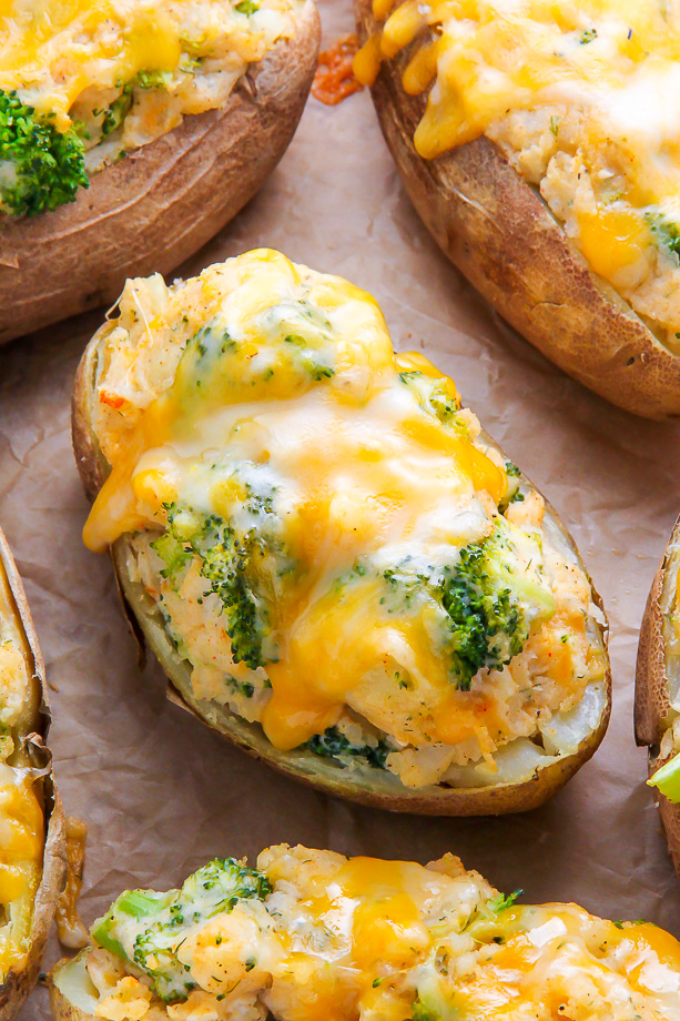 AMAZING FLAVOR! Crispy broccoli and cheddar twice-baked potatoes are comfort food at its best. Click through for the recipe and step-by-step photos.