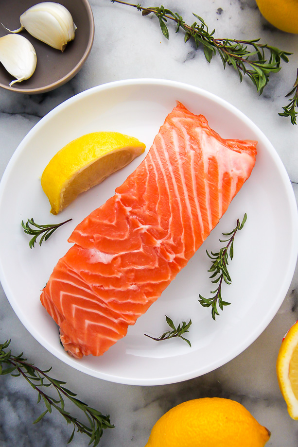 Flavorful lemon, garlic, and thyme baked salmon ready in just 20 minutes!