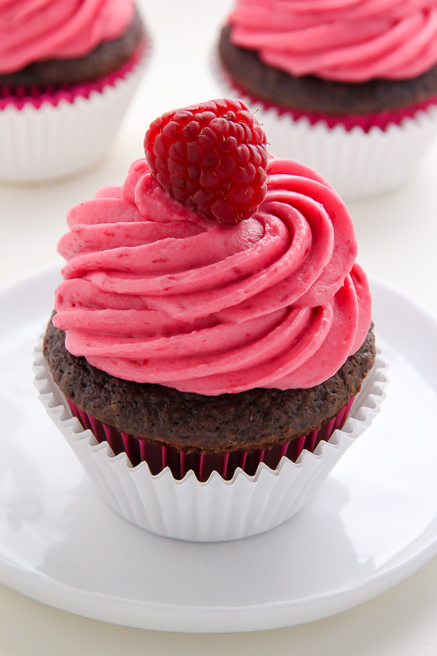 Nutella Stuffed Chocolate Cupcakes with Raspberry Frosting - Baker by ...