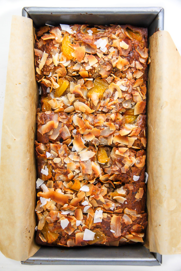 Sweet and fruity, this supremely moist banana bread is bursting with tropical flavors. 