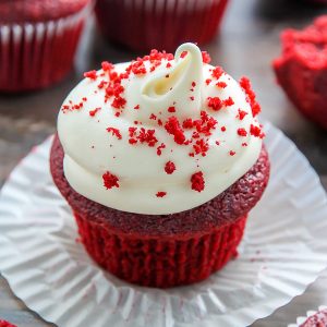 Supremely moist red velvet cupcakes topped with luscious cream cheese frosting - made in just ONE bowl!