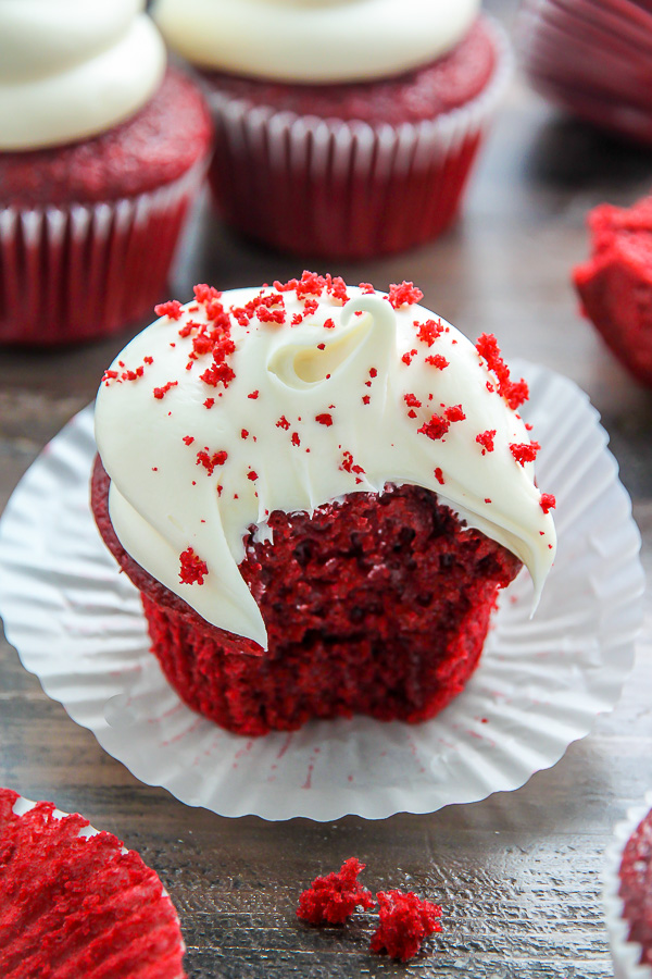 Supremely moist red velvet cupcakes topped with luscious cream cheese frosting - made in just ONE bowl!