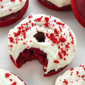 Red velvet donuts topped with cream cheese frosting! Bonus: They're ready in just 20 minutes.