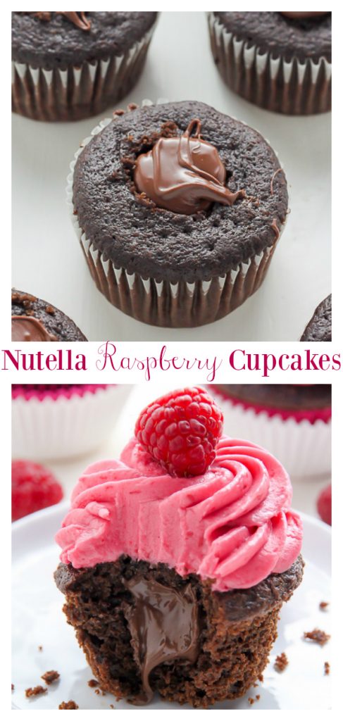 Decadent chocolate cupcakes stuffed with creamy nutella and topped with fresh raspberry frosting. And yes, they're just as delicious as they look.