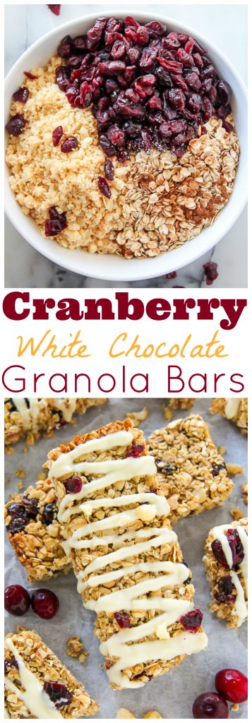 Loaded with cranberries, macadamia nuts, and topped with a sweet drizzle of white chocolate. These homemade granola bars are as easy as they are irresistible!